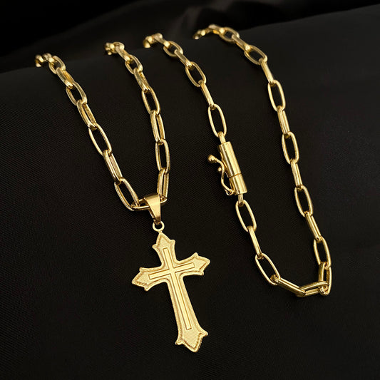 Corrente Meia Cana 4mm e Pingente Cruz Relevo Banhado a Ouro 18K
