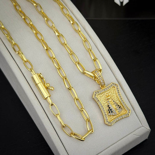 Corrente Meia Cana 4mm e Pingente N. Sra. Aparecida Curvado Banhado a Ouro 18K
