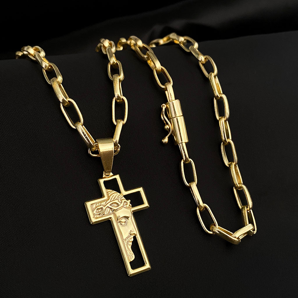 Corrente Meia Cana 6mm e Pingente Cruz Face Banhado a Ouro 18K