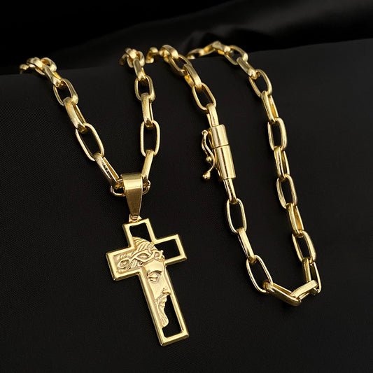 Corrente Meia Cana 6mm e Pingente Cruz Face Banhado a Ouro 18K
