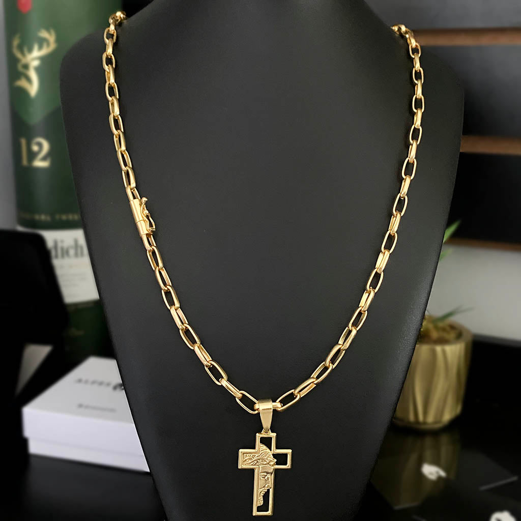 Corrente Meia Cana 6mm e Pingente Cruz Face Banhado a Ouro 18K