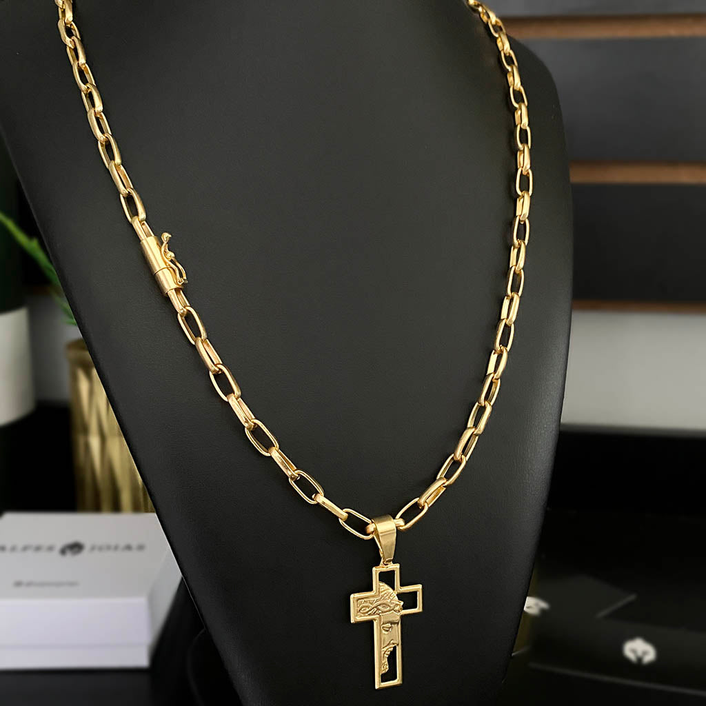 Corrente Meia Cana 6mm e Pingente Cruz Face Banhado a Ouro 18K