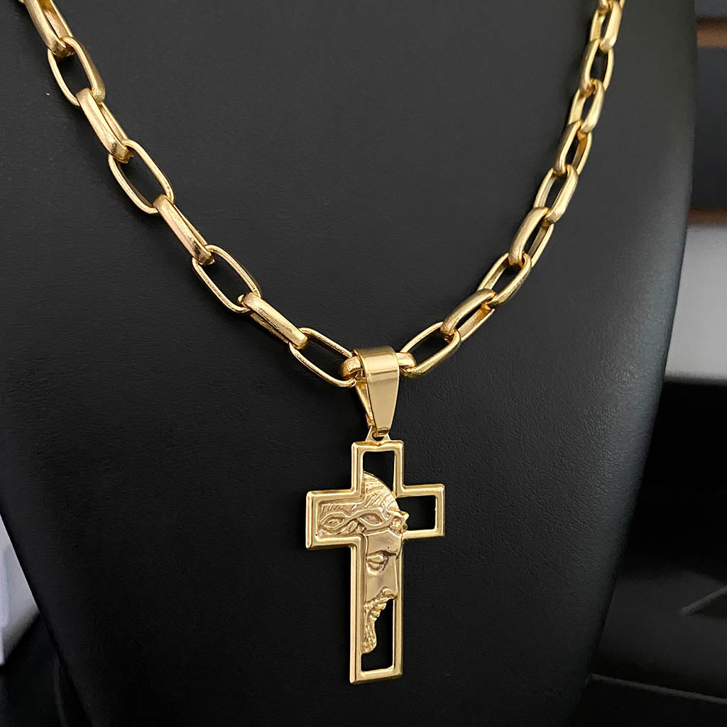 Corrente Meia Cana 6mm e Pingente Cruz Face Banhado a Ouro 18K