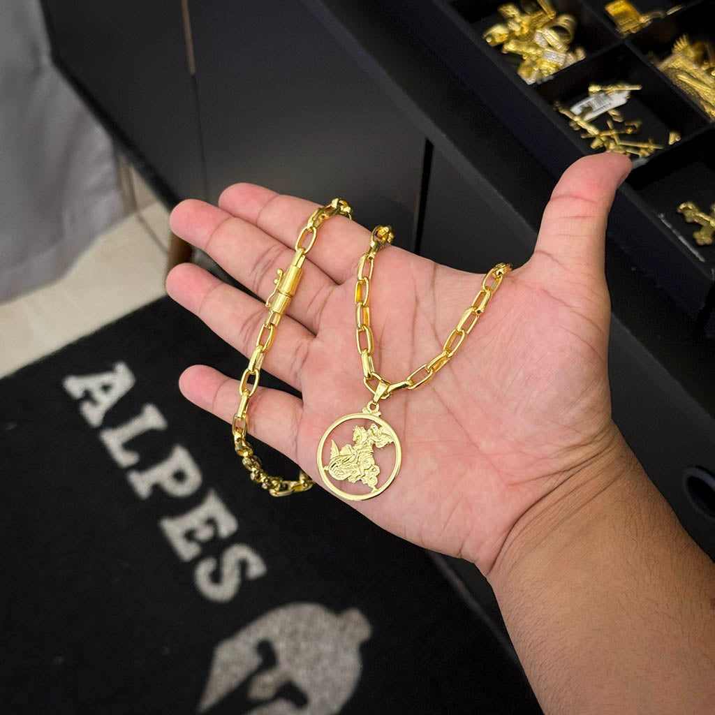Corrente Meia Cana 6mm e Pingente Medalha São Jorge Banhado a Ouro 18K
