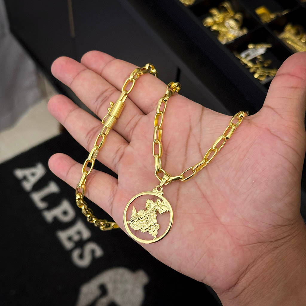 Corrente Meia Cana 6mm e Pingente Medalha São Jorge Banhado a Ouro 18K
