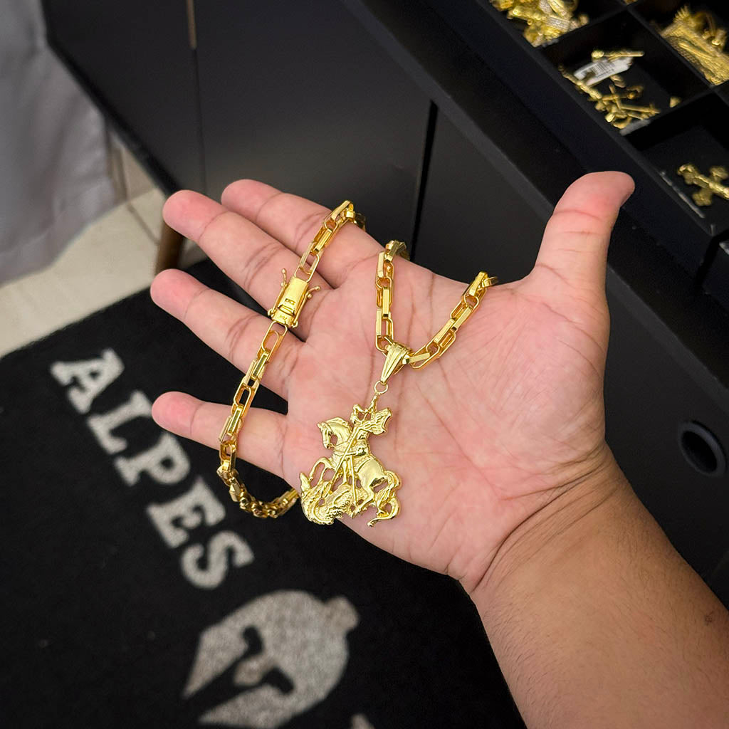 Corrente Meia Cana Dupla 6mm e Pingente São Jorge Banhado a Ouro 18K