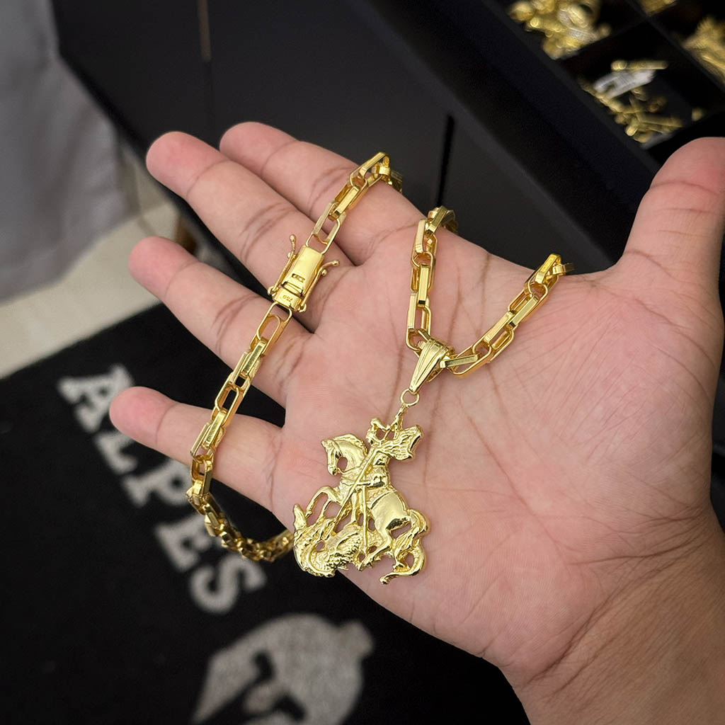 Corrente Meia Cana Dupla 6mm e Pingente São Jorge Banhado a Ouro 18K
