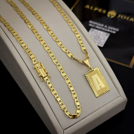 Corrente Piastrini 4mm e Pingente Letra Banhado a Ouro 18K