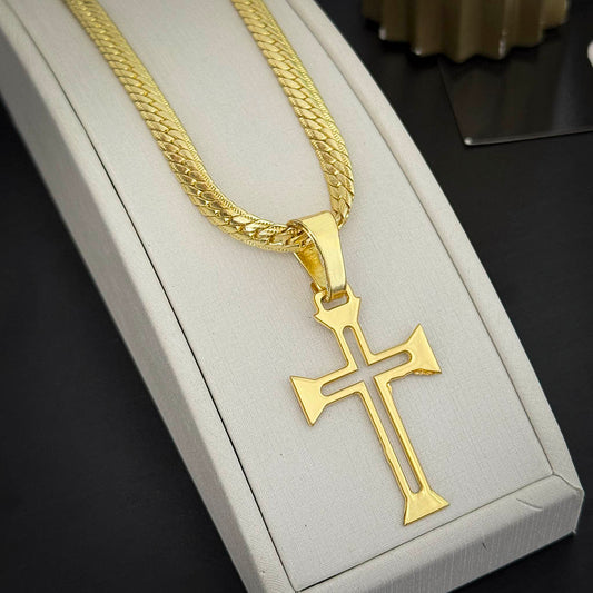 Corrente Premium 5mm e Pingente Cruz Ponta Banhado a Ouro 18K