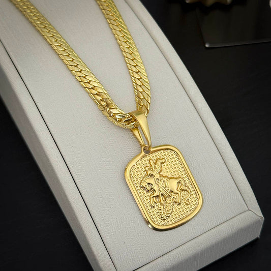 Corrente Premium 5mm e Pingente Placa São Jorge Banhado a Ouro 18K
