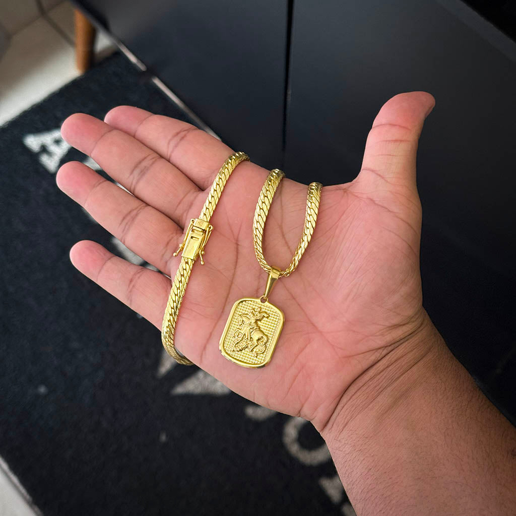 Corrente Premium 5mm e Pingente Placa São Jorge Banhado a Ouro 18K