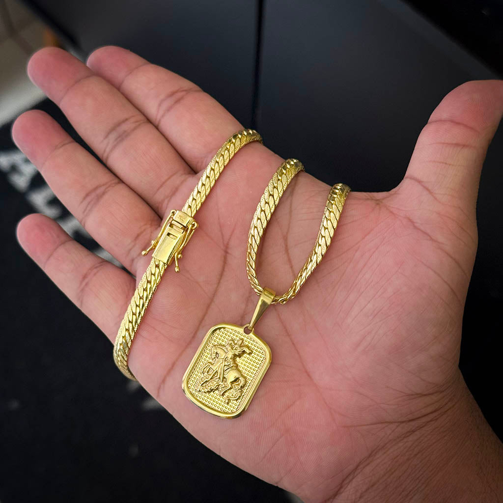 Corrente Premium 5mm e Pingente Placa São Jorge Banhado a Ouro 18K