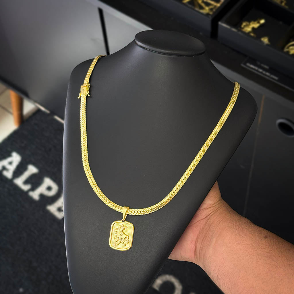 Corrente Premium 5mm e Pingente Placa São Jorge Banhado a Ouro 18K