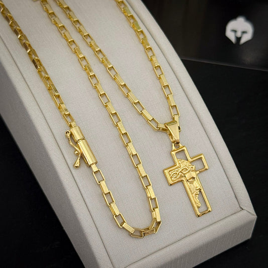 Corrente Tijolinho 4mm e Pingente Cruz Rosto de Cristo Banhado a Ouro 18K