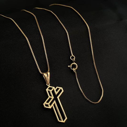 Corrente Veneziana 1mm e Pingente Cruz Vazada Banhado a Ouro 18K