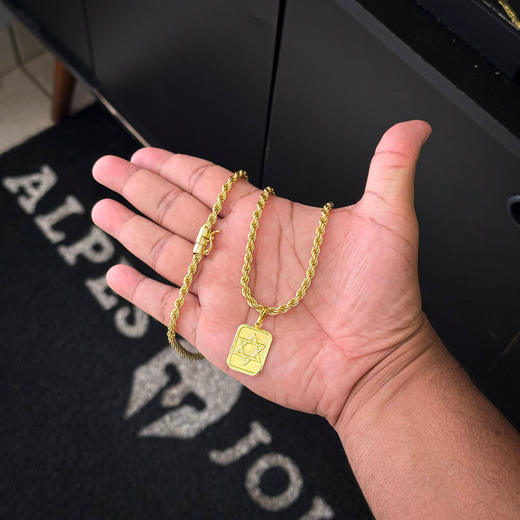 Corrente Baiana 5mm e Pingente Placa Estrela de Davi Banhado a Ouro 18K