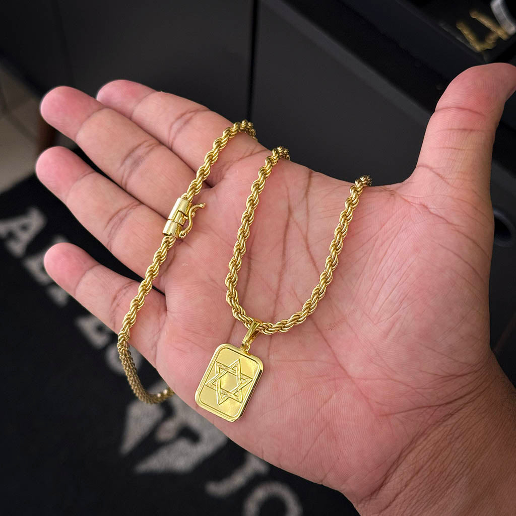 Corrente Baiana 5mm e Pingente Placa Estrela de Davi Banhado a Ouro 18K