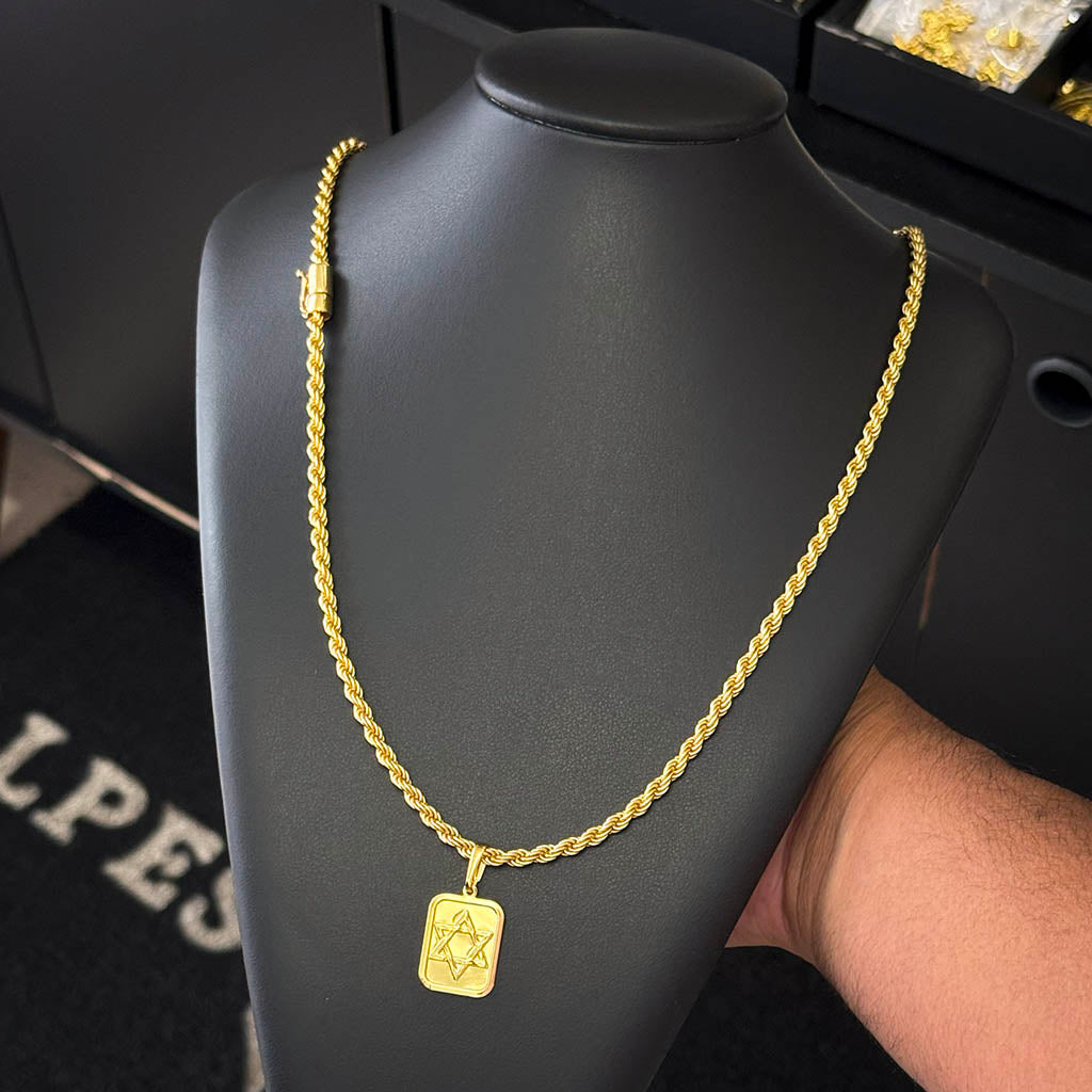 Corrente Baiana 5mm e Pingente Placa Estrela de Davi Banhado a Ouro 18K