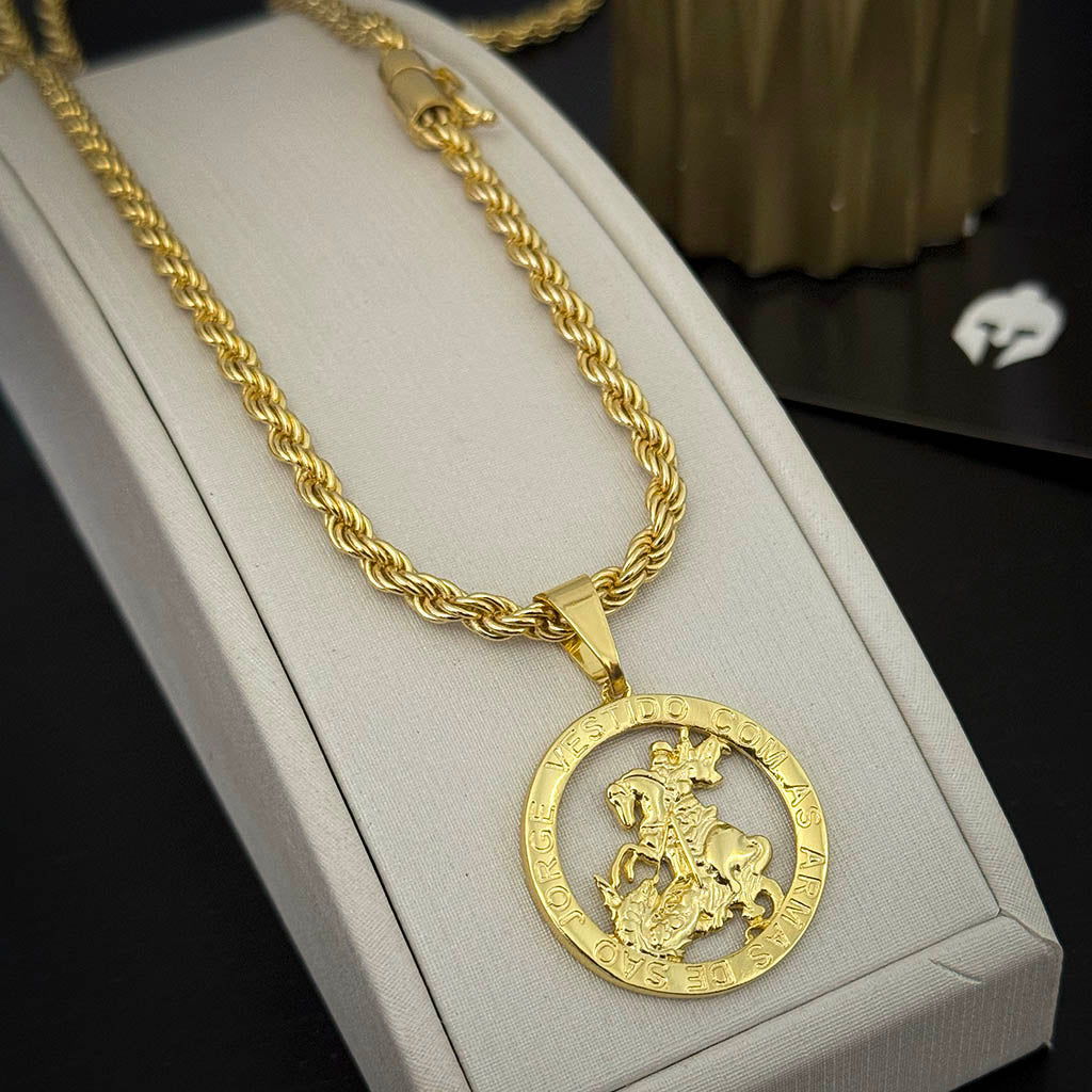 Corrente Baiana 5mm e Pingente São Jorge Oração Banhado a Ouro 18K