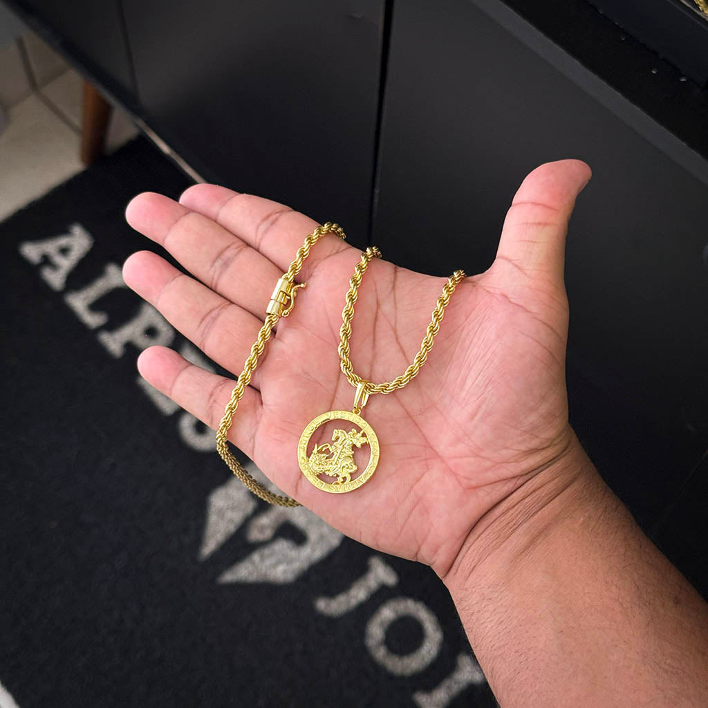 Corrente Baiana 5mm e Pingente São Jorge Oração Banhado a Ouro 18K