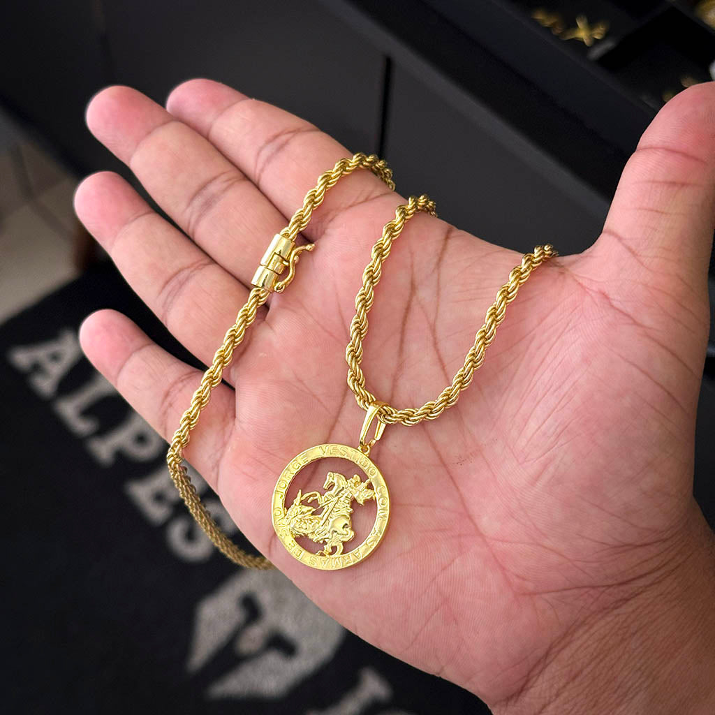Corrente Baiana 5mm e Pingente São Jorge Oração Banhado a Ouro 18K