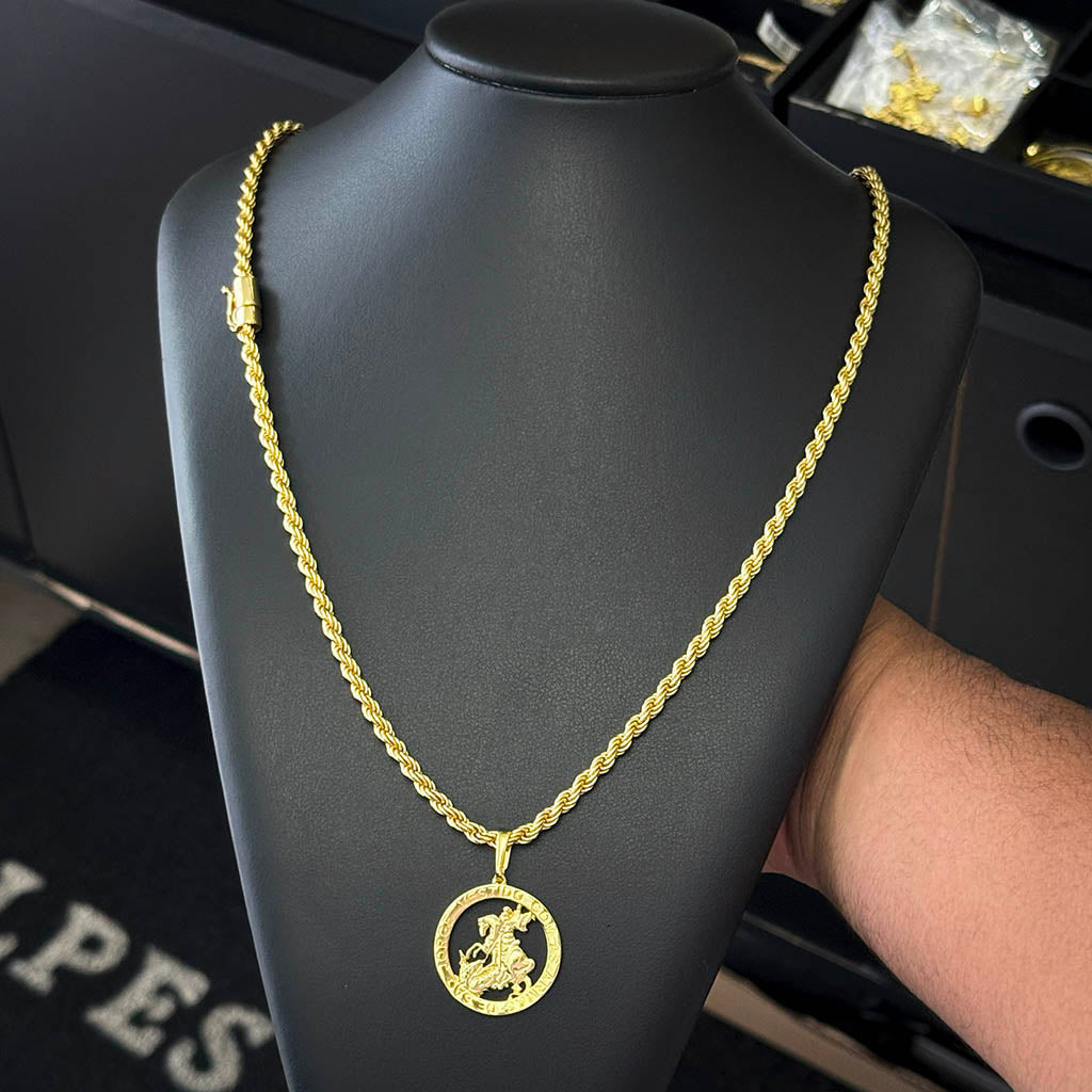 Corrente Baiana 5mm e Pingente São Jorge Oração Banhado a Ouro 18K