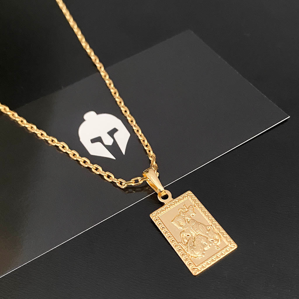 Corrente Cadeado 1mm e Pingente Placa São Jorge Banhado a Ouro 18K