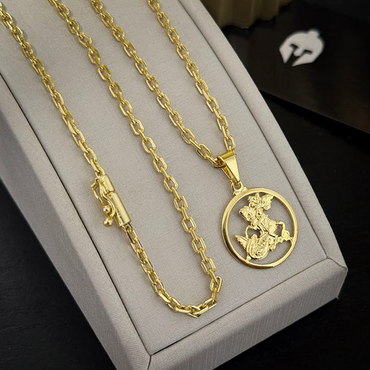 Corrente Cadeado 2mm e Medalha de São Jorge Vazada Banhado a Ouro 18K