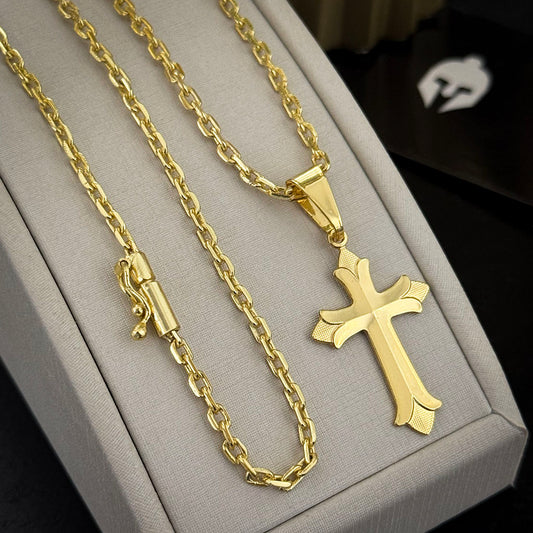 Corrente Cadeado 2mm e Pingente Cruz Ponta Aberta Banhado a Ouro 18K