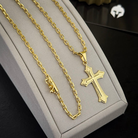 Corrente Cadeado 2mm e Pingente Cruz Relevo Banhado a Ouro 18K