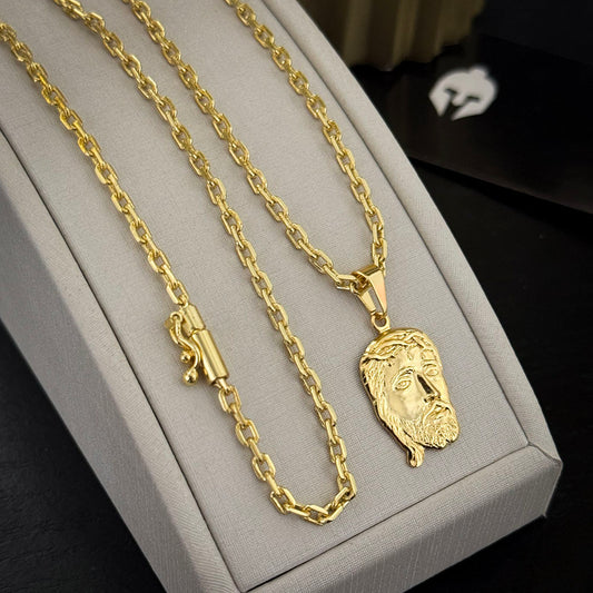 Corrente Cadeado 2mm e Pingente Face de Cristo Banhado a Ouro 18K