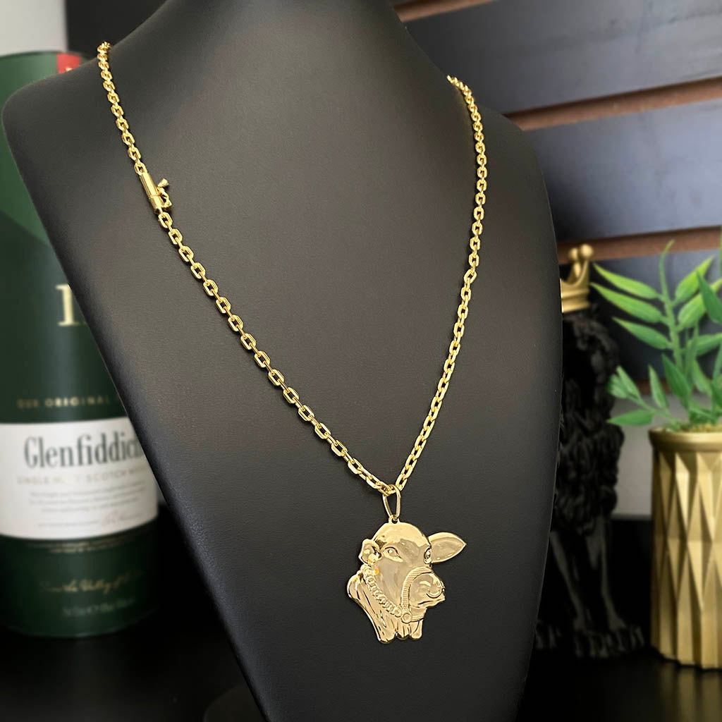 Corrente Cadeado 4mm e Pingente Boi Nelore Banhado a Ouro 18K