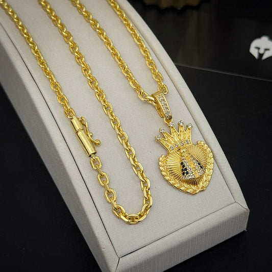 Corrente Cadeado 4mm e Pingente Coração N. Sra. Aparecida Banhado a Ouro 18K