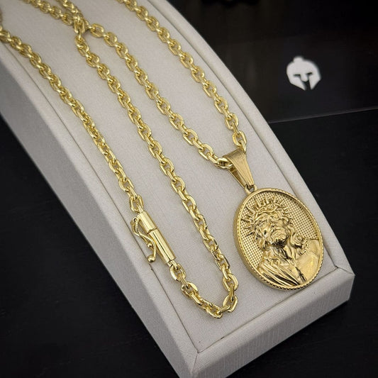 Corrente Cadeado 4mm e Pingente Cristo Com Coroa Banhado a Ouro 18K