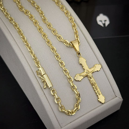 Corrente Cadeado 4mm e Pingente Crucifixo Borda Redonda Banhado a Ouro 18K