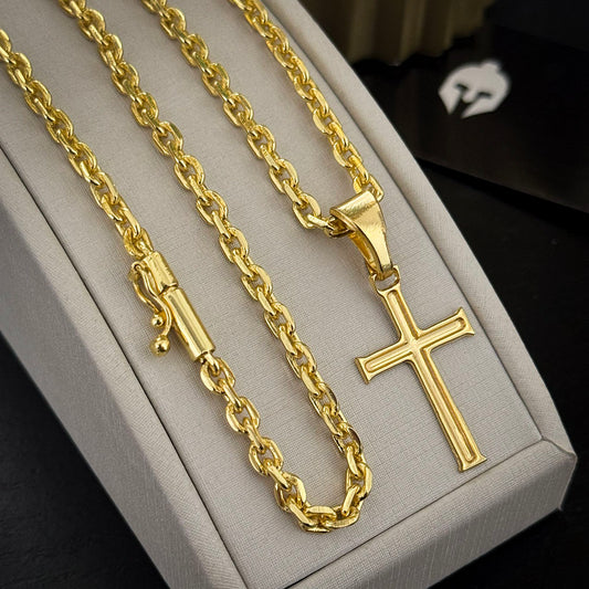 Corrente Cadeado 4mm e Pingente Cruz Banhado a Ouro 18K