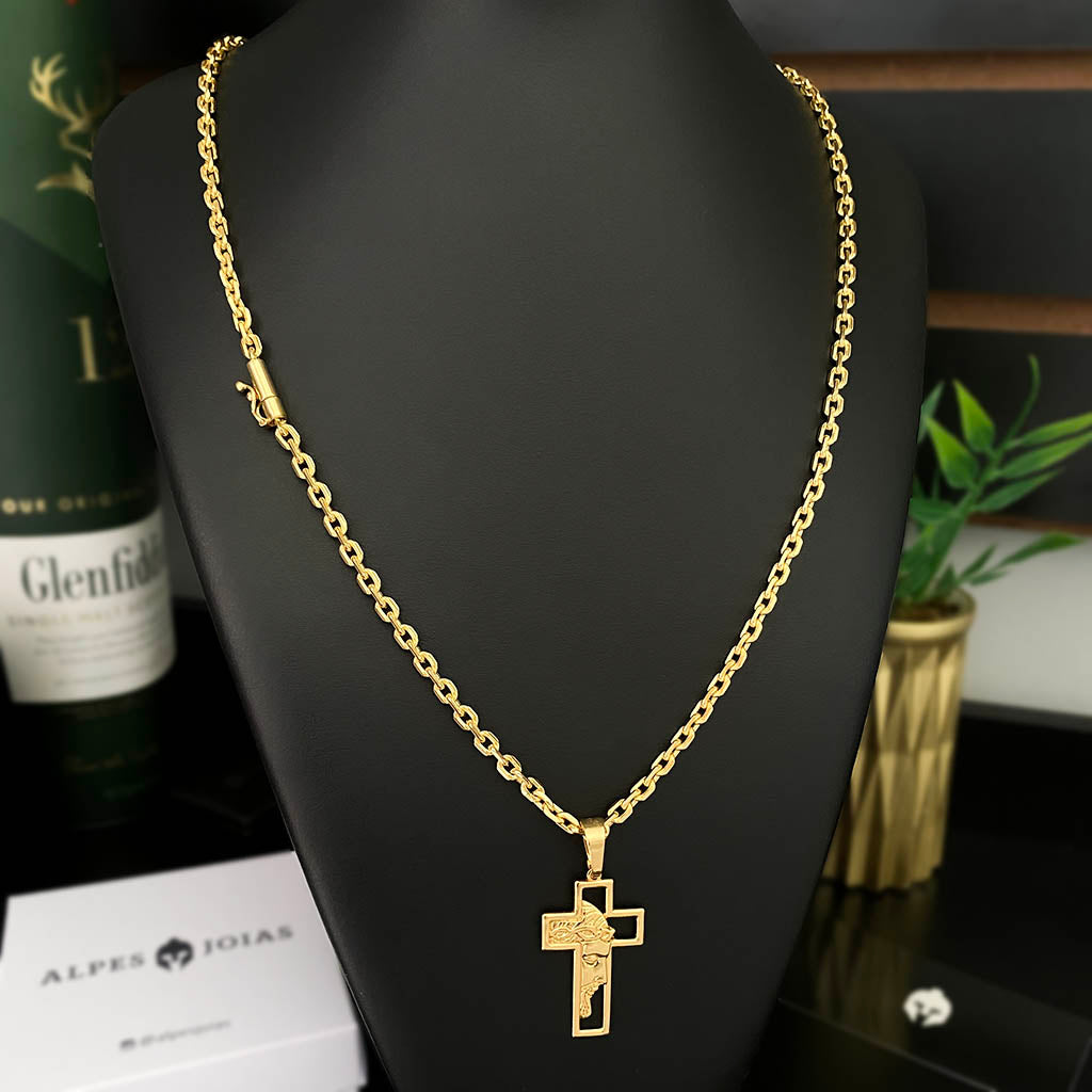Corrente Cadeado 4mm e Pingente Cruz Rosto de Cristo Vazada Banhado a Ouro 18K
