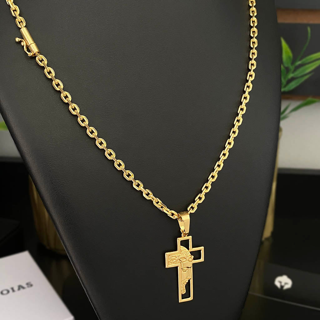 Corrente Cadeado 4mm e Pingente Cruz Rosto de Cristo Vazada Banhado a Ouro 18K