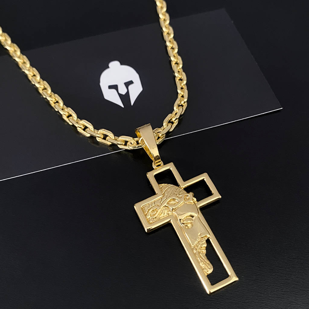 Corrente Cadeado 4mm e Pingente Cruz Rosto de Cristo Vazada Banhado a Ouro 18K