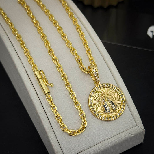 Corrente Cadeado 4mm e Pingente N. Sra. Aparecida Maciço Banhado a Ouro 18K