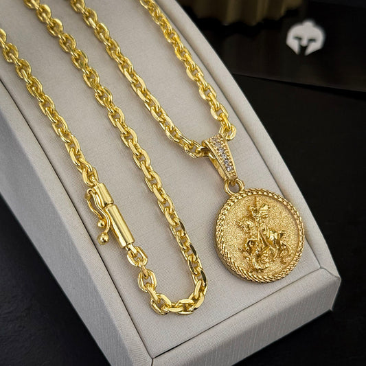 Corrente Cadeado 4mm e Pingente São Jorge Redondo Banhado a Ouro 18K