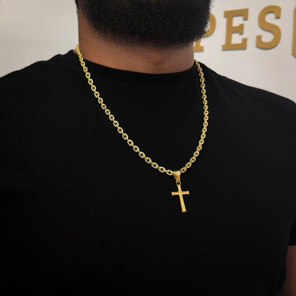 Corrente Cadeado 5mm e Pingente Cruz Banhado a Ouro 18K