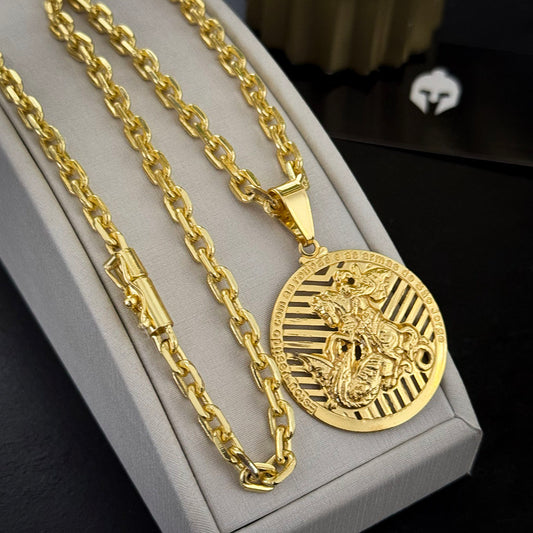 Corrente Cadeado 6mm e Medalha São Jorge Banhado a Ouro 18K