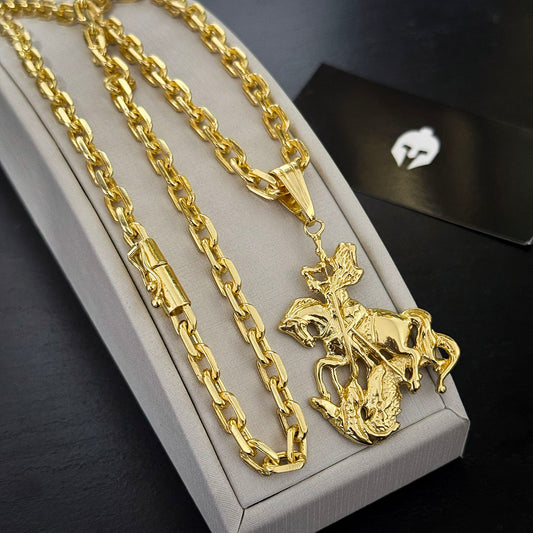 Corrente Cadeado 6mm e Pingente São Jorge 3D Banhado a Ouro 18K