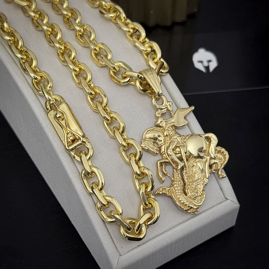 Corrente Cadeado 8mm e Pingente São Jorge 3D Banhado a Ouro 18K