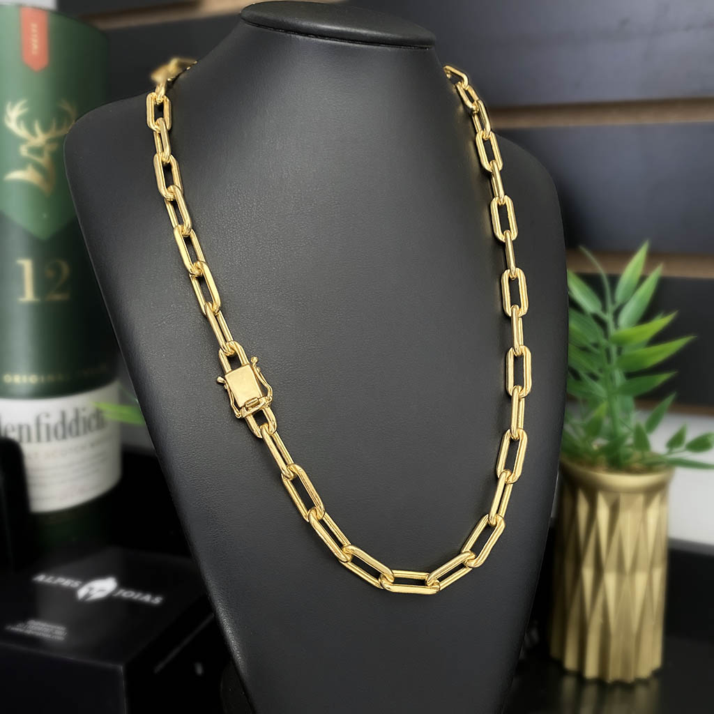 Corrente Cadeado Alongado 10mm Banhada a Ouro 18K