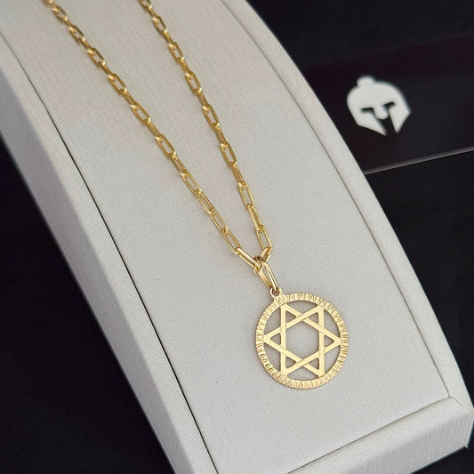 Corrente Cadeado Alongado 3mm e Pingente Estrela de Davi Redonda Banhado a Ouro 18K