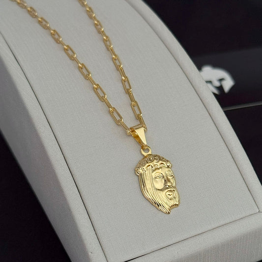 Corrente Cadeado Alongado 3mm e Pingente Face de Cristo 3D Banhado a Ouro 18K