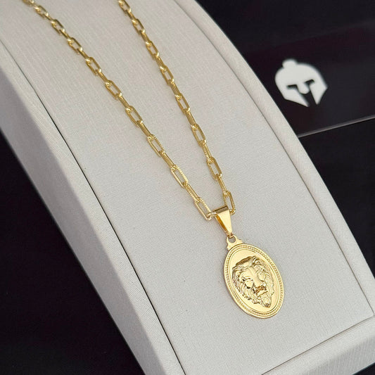 Corrente Cadeado Alongado 3mm e Pingente Leão Oval Banhado a Ouro 18K