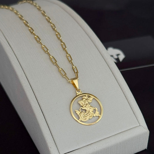 Corrente Cadeado Alongado 3mm e Pingente Medalha São Jorge (P) Banhado a Ouro 18K